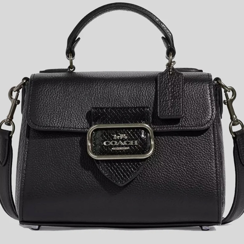 EUC COACH Morgan Top Handle Satchel Black PEBBLE /Snake Print Leather Bag CF321